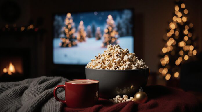 Un bol de pop corn devant une télé avec des films de Noël