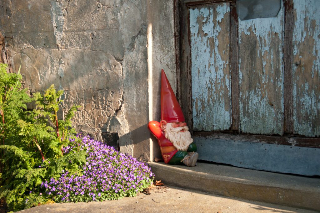 Nain de jardin devant une fenêtre