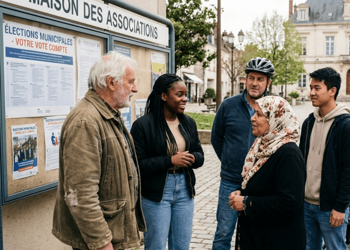 Des électeurs devant des affiches municipales