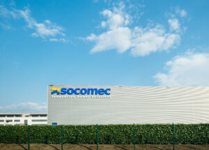 Strasbourg, France - Apr 19, 2019: Socomec factory view from the street. Socomec is an electrical equipment design and manufacturing company specializing in low voltage energy performance in terms of safety, service continuity, quality and energy efficiency